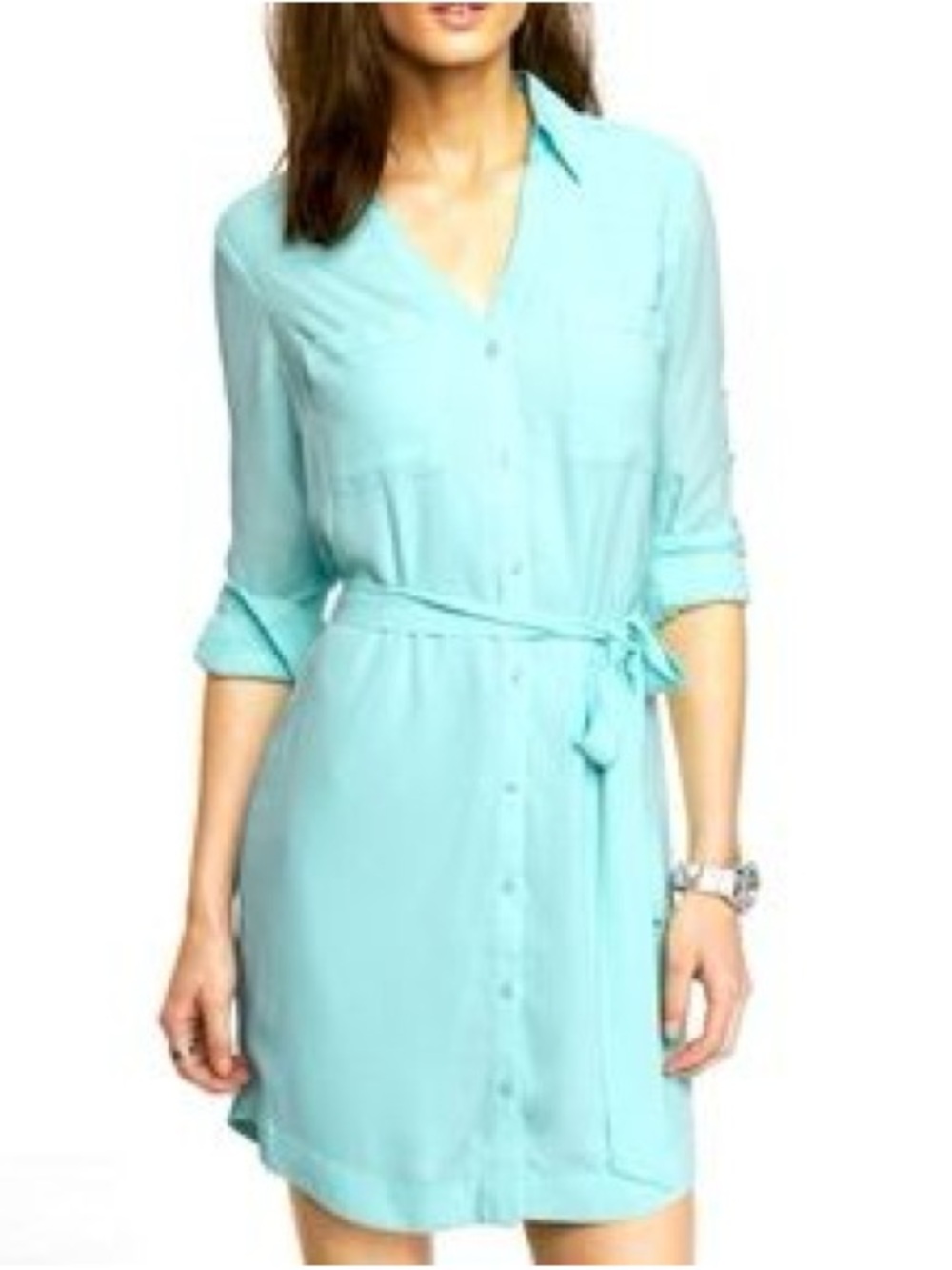 Express Mint Green Button-Front Shirt Dress with Self Tie